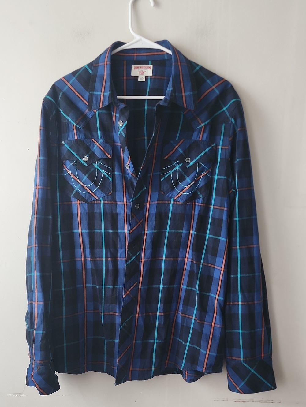 Navy Plaid Western Shirt with Teal & Orange Lines